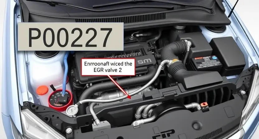 A detailed illustration of a car's engine bay with the P0227 error code highlighted on a diagnostic screen. Focus on the engine components and wiring related to the EGR valve.