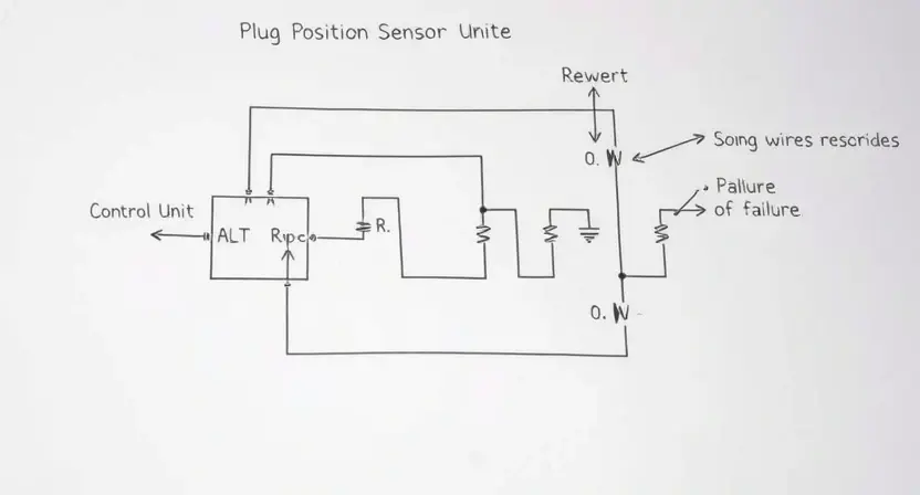 A detailed schematic diagram of an electrical circuit, specifically focusing on the plug position sensor. The diagram should clearly show the sensor, its connections to the control unit, and potential points of failure. Include visual representations of electrical components like resistors, capacitors, and wires. The image should be clean and well-organized, with labels for all components.