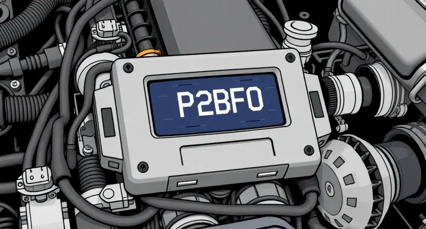 A detailed illustration of an engine control unit (ECU) displaying a P2BF0 error code. The ECU should be surrounded by various engine components like sensors, wiring, and a crankshaft. The background should be a clean, technical environment.