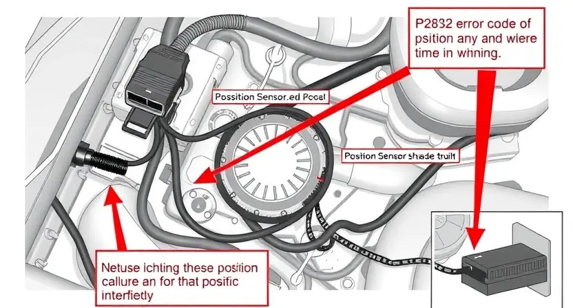 A detailed illustration of an automotive electrical circuit diagram, focusing on the position sensor connector and wiring. The diagram should clearly show the components involved in the P2832 error code, such as the position sensor, wiring harness, and diagnostic interface. Include visual cues to indicate potential points of failure.