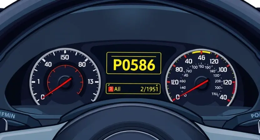 A detailed illustration of a car's dashboard showing a P0586 error code illuminated on the display. The dashboard should be realistically rendered with visible gauges, buttons, and the error code clearly highlighted. Focus on the error code's visual representation and its location on the dashboard.