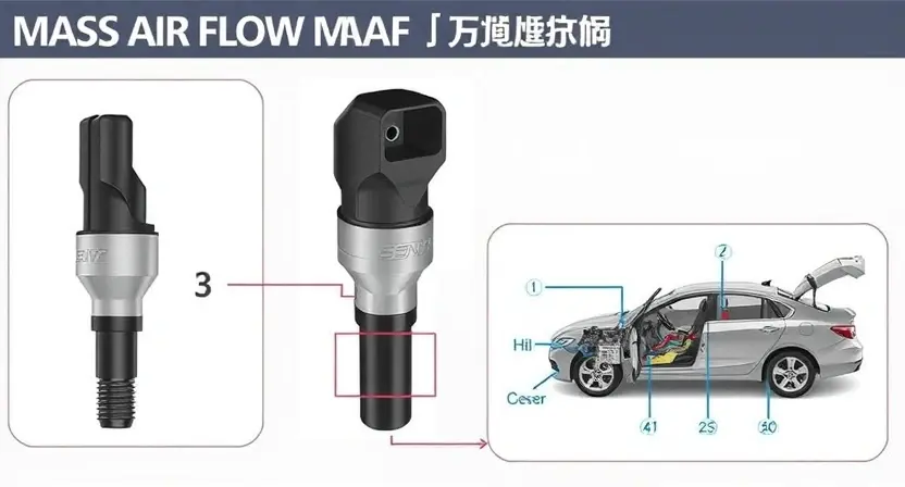 A detailed illustration of a Mass Air Flow (MAF) sensor, highlighting its components and connections. Include a diagram showing the sensor's function in a vehicle's engine management system. The image should be scientifically accurate and visually clear.