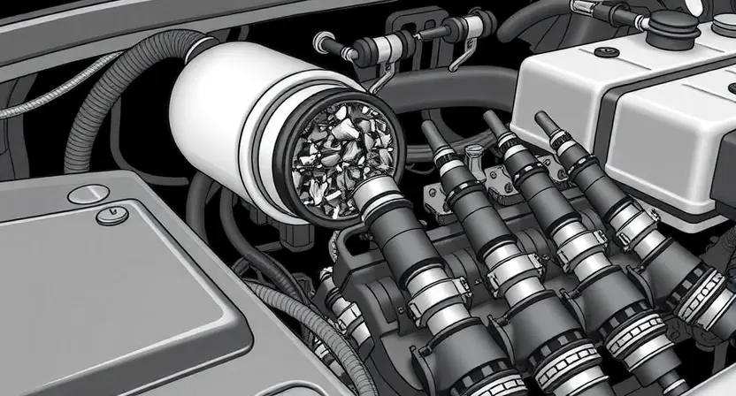 A detailed illustration of a car engine bay, focusing on the fuel filter and fuel injectors. The fuel filter should be visibly clogged with debris, and the fuel injectors should appear partially blocked. The background should be a slightly blurred image of a car.