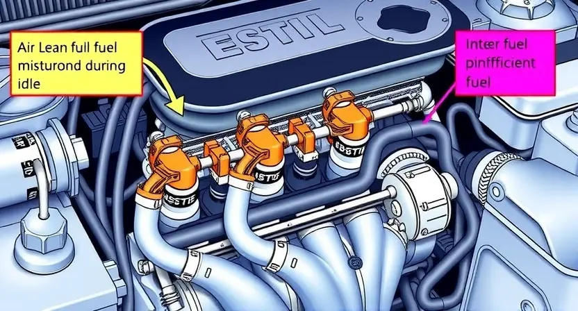 A detailed illustration of a car engine's fuel system, specifically highlighting the fuel injectors and intake manifold. The image should visually represent a lean fuel mixture issue during idle. Use color coding to show the fuel and air flow, with a visual indication of insufficient fuel. Focus on the internal components and their relationship to the fuel mixture.