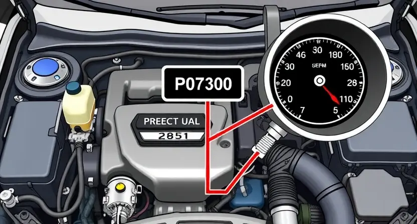 A detailed illustration of a car's engine bay with various diagnostic tools and a dashboard displaying a P0700 error code. Focus on the visual representation of the error code and related components.