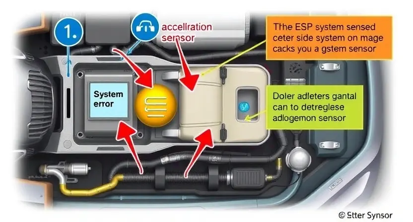 A detailed illustration of an ESP system with a highlighted side acceleration sensor. The sensor should be clearly visible, with arrows pointing to it and indicating a malfunction. The surrounding circuitry and components should be realistically depicted, showing a visual representation of a system error. Focus on the sensor's physical appearance and its connection to the ESP system.