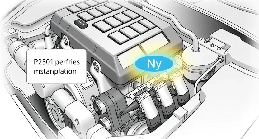 A detailed illustration of a car engine with a highlighted section indicating a malfunction, specifically related to the P2501 error code. The engine should be depicted in a cross-sectional view to show internal components. The highlighted area should be visually distinct, possibly with a glowing or pulsating effect to draw attention. The overall scene should have a technical and diagnostic feel, with a clean and precise representation of the engine parts.