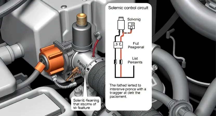 A detailed illustration of an automotive electrical system, specifically focusing on the solenoid control circuit. Include a diagram showing the solenoid, wiring, and potential points of failure. The image should be highly technical and informative, suitable for a repair manual.