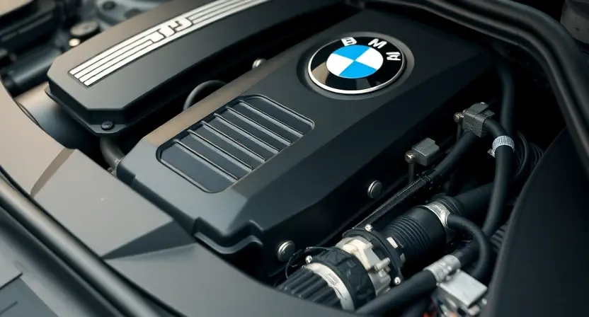 A close-up, detailed shot of a BMW engine bay, focusing on the engine control unit (ECU) and related wiring. The engine should appear clean and well-maintained. The background should be slightly blurred to emphasize the ECU.
