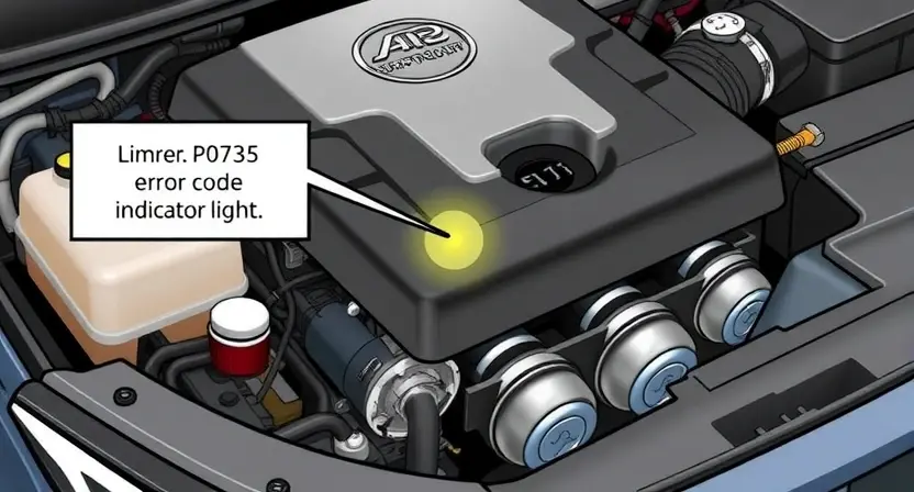 A detailed illustration of a car's engine bay, highlighting the P0735 error code indicator light. The engine should be partially visible, showing key components like the catalytic converter and exhaust system. Focus on the error light and its proximity to the engine components.