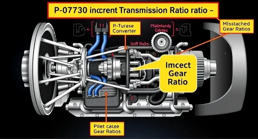 A detailed illustration of a car's transmission system, highlighting the gear ratios and the potential cause of a P0730 error code (incorrect transmission ratio). Include visual representations of the transmission components, such as the torque converter, planetary gear sets, and shift forks. The image should clearly depict the concept of a mismatched gear ratio and its impact on vehicle performance.