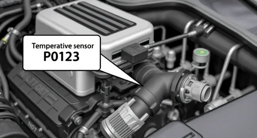 A close-up, detailed illustration of a car engine with a diagnostic code P0123 highlighted. Focus on the engine components like the intake manifold, sensors, and hoses. Use visual cues to indicate a temperature sensor issue. The background should be blurred to emphasize the engine.