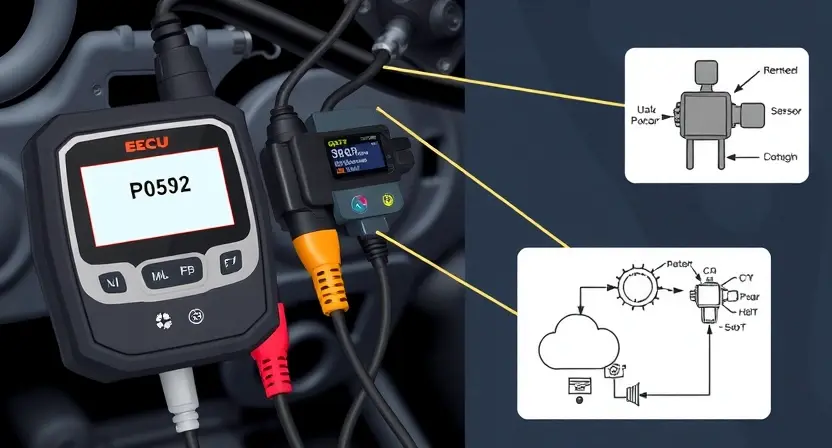 A detailed illustration of a car's engine control unit (ECU) with various diagnostic tools connected. Focus on the ECU's display showing a P0592 code, alongside a visual representation of the relevant sensor and its connection to the ECU. Include a schematic diagram illustrating the data flow related to the P0592 code.