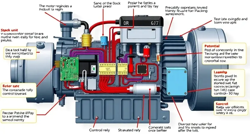 A detailed illustration of a motor-generator unit with a focus on the control circuit. Show the circuit board, wiring, and components like sensors, relays, and the control unit. Highlight potential mechanical faults such as loose connections or damaged components. The image should be realistic and technical, suitable for a repair manual.