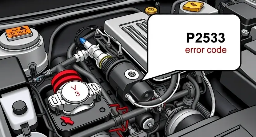 A detailed illustration of an automotive engine bay, focusing on the ignition system. Show various components like spark plugs, ignition coils, distributor (if applicable), and wiring harness. Highlight the area where the P2533 error code would be indicated. The engine should be in a slightly angled, realistic perspective, suggesting a professional automotive repair setting.