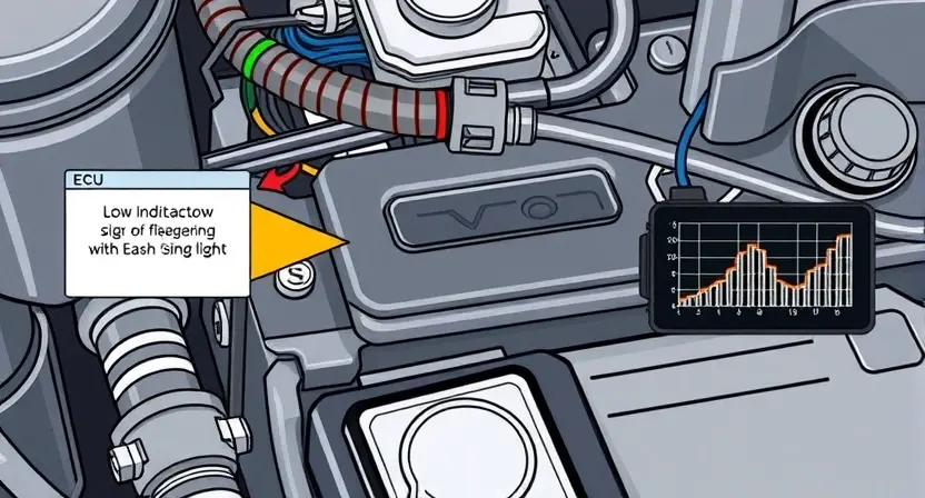 A detailed illustration of a car's engine control unit (ECU) with various sensors and wiring. The ECU should be highlighted, and a visual representation of a low signal indicator (e.g., a flashing light or a graph) should be shown near it. The background should be a clean, technical environment.
