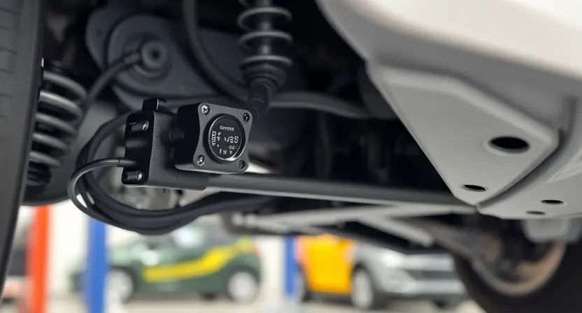 A close-up, detailed illustration of a car's suspension system, specifically highlighting the longitudinal acceleration sensor. The sensor should be clearly visible, connected to the chassis and suspension components. Focus on the sensor's physical appearance and its mounting location. The background should be blurred, suggesting an automotive workshop environment.
