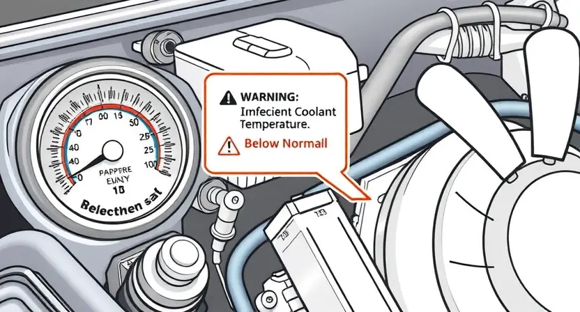 A detailed technical illustration of a car engine coolant temperature sensor with a warning label indicating insufficient coolant temperature, showing a temperature gauge reading below normal, a coolant reservoir with visible antifreeze level markings, and a radiator fan with blades clearly visible, all rendered in a clean, high-quality technical diagram style with precise lines and labels, no text or numbers on the image