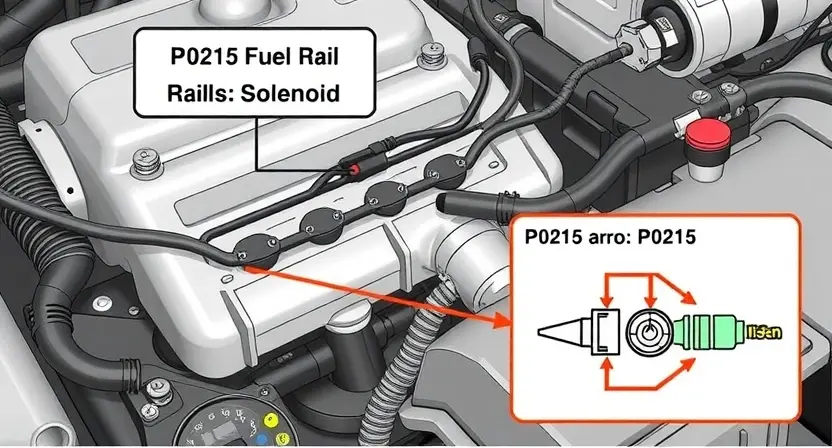 A detailed illustration of a car's fuel rail and associated solenoid, highlighting the P0215 error code. The image should show the fuel rail connected to the engine, with the solenoid clearly visible. Include visual cues representing the error code, such as a diagnostic light or a schematic diagram. Focus on technical accuracy and clarity.