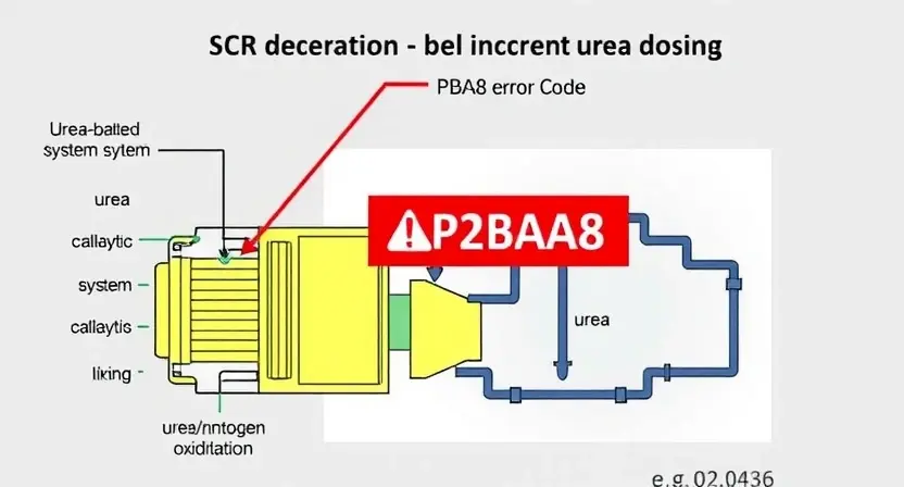 A detailed diagram illustrating the SCR (Selective Catalytic Reduction) system and the impact of incorrect urea dosing (P2BA8 error code). The diagram should show the urea injection system, the SCR catalyst, and the urea/nitrogen oxidation reaction. Highlight the error code P2BA8 with a visual indicator (e.g., a red warning symbol). Include arrows showing the flow of urea and nitrogen. The diagram should be scientifically accurate and easy to understand.