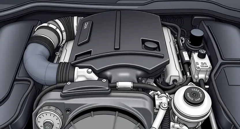 A detailed illustration of a car engine bay with a focus on the mass airflow sensor. The sensor should be clearly visible, along with surrounding engine components like hoses and wires. Use bright, clean lighting to highlight the sensor's position. The overall image should convey a sense of technical accuracy and clarity.