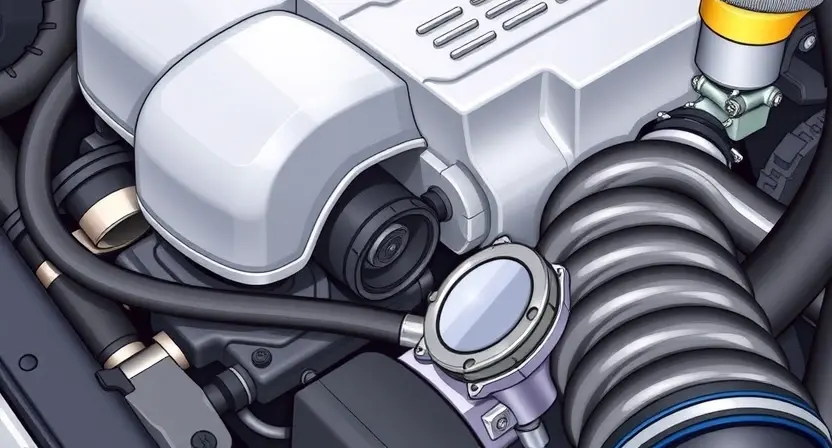 A close-up, detailed illustration of a car's engine bay, highlighting the oxygen sensor and related components. Focus on the sensor's wiring and its position near the exhaust manifold. The engine should appear clean and well-maintained.