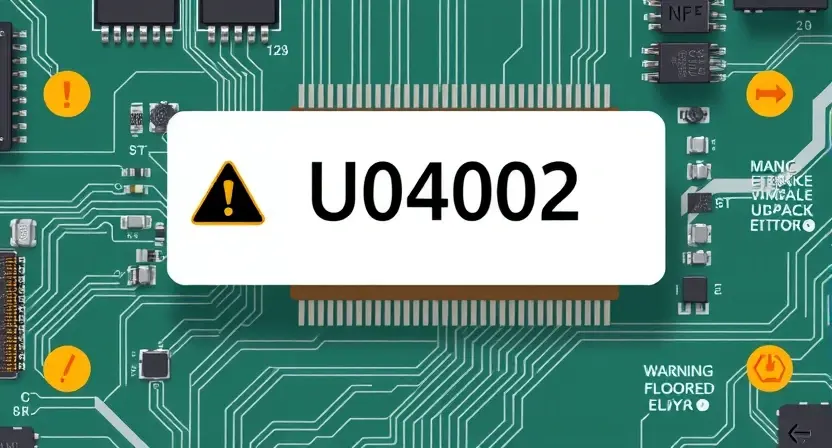 A high-quality technical illustration showing a circuit board with a highlighted U0402 error indicator, surrounded by subtle warning symbols and error messages, clean and professional design