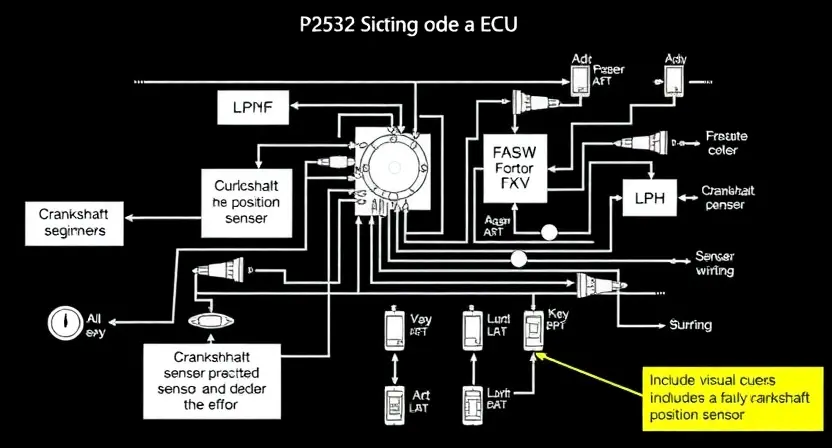 A detailed schematic diagram illustrating the P2532 error code in a vehicle's engine control unit (ECU). The diagram should show the relevant sensors, actuators, and wiring related to the crankshaft position sensor and the potential causes of the error. Include visual cues to indicate a faulty crankshaft position sensor.