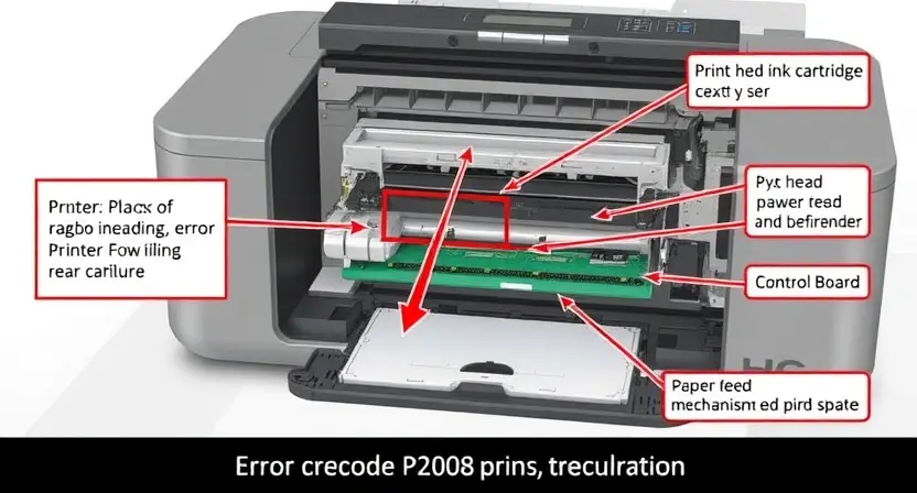 A detailed diagram illustrating the internal components of a printer, specifically highlighting the area related to error code P2008. The diagram should show the print head, ink cartridges, paper feed mechanism, and control board. Use arrows to indicate the flow of data and potential points of failure. Focus on visual clarity and technical accuracy.