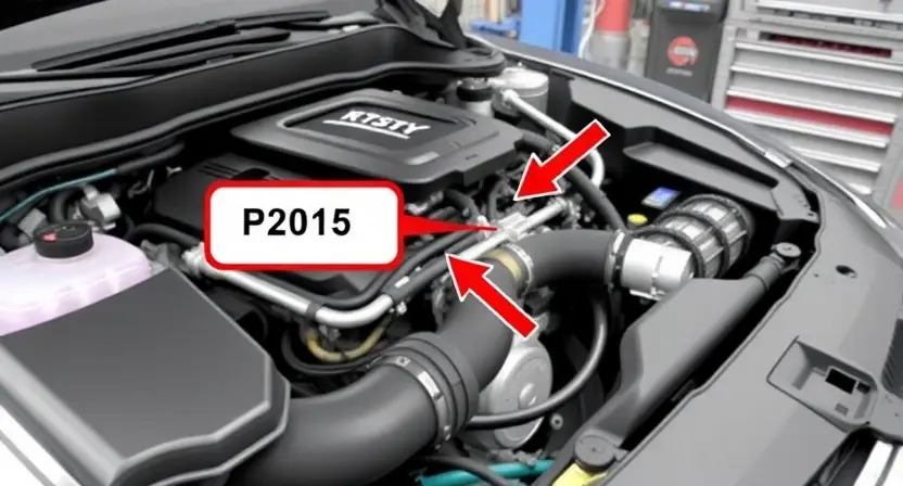 A detailed diagram illustrating a car's engine with a highlighted P2015 error code indicator. Focus on the engine components related to the code, such as the mass airflow sensor or catalytic converter, with arrows pointing to them. The background should be a clean, professional automotive workshop setting. The image should convey technical information and troubleshooting.