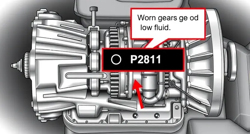 A detailed illustration of a car transmission with a highlighted P2811 error code indicator. The transmission should be shown in a slightly angled view, emphasizing the diagnostic interface. Include visual cues representing the potential causes of the error, such as worn gears or low fluid.