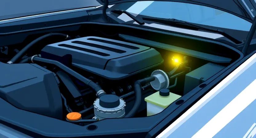 A close-up illustration of a car's engine bay with a diagnostic code light illuminated. Focus on the engine components and the code light, with a subtle background suggesting a car.
