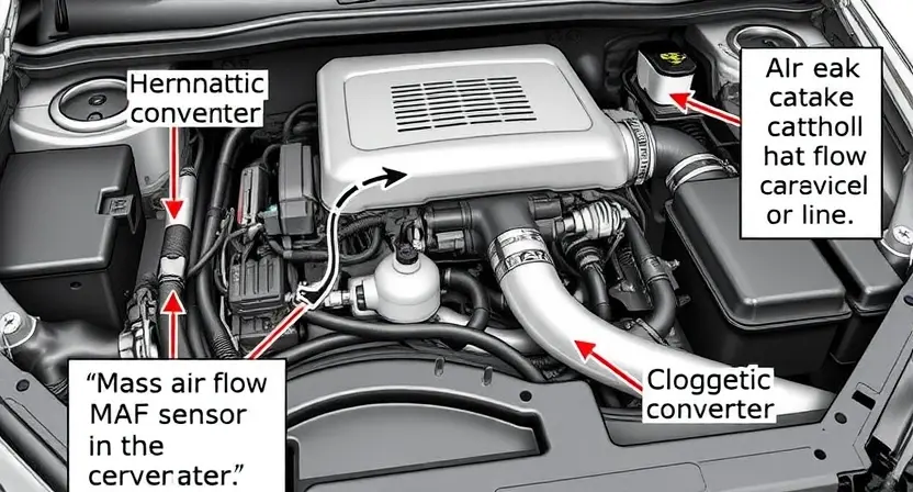 A detailed illustration of a car's engine bay, highlighting the Mass Air Flow (MAF) sensor and its connection to the intake manifold. Include arrows indicating airflow and a visual representation of air leaks and a clogged catalytic converter. The image should clearly show the sensor's location and its relationship to other engine components. Focus on technical accuracy and clarity.