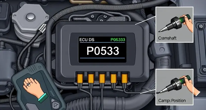A detailed illustration of a car's engine control unit (ECU) with various diagnostic tools connected. Focus on the ECU's display showing a P0533 error code. Include visual representations of potential causes like a faulty crankshaft position sensor or a problem with the camshaft position sensor.