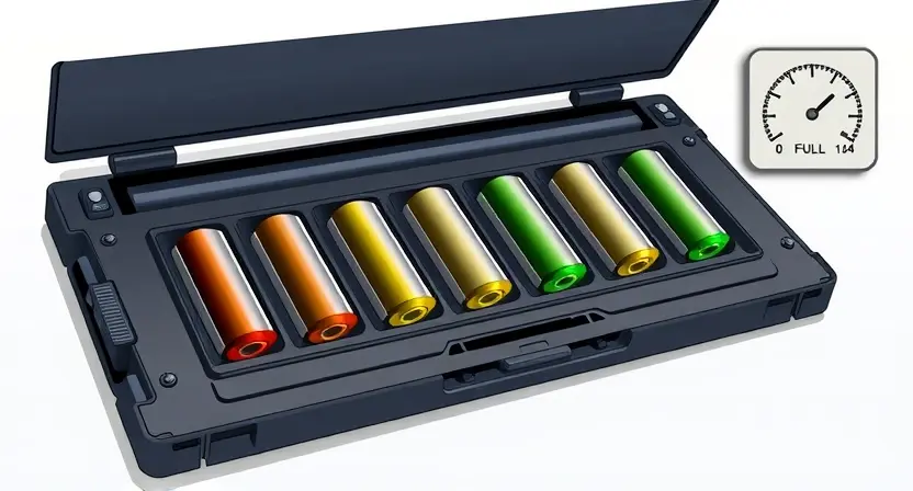 A detailed illustration of a laptop battery with a visual representation of cell imbalance. Show individual battery cells within the battery pack, with some cells depicted as fuller/higher voltage and others as depleted/lower voltage. Use color gradients to indicate voltage levels (e.g., green for full, yellow for medium, red for low). Include a subtle diagnostic meter or graph in the background showing the imbalance. Focus on the internal structure of the battery and the visual representation o