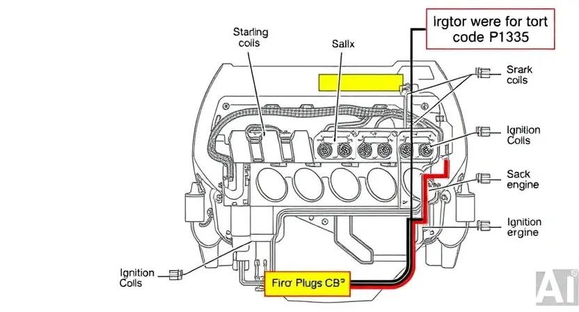A detailed technical diagram of a Toyota engine ignition system with highlighted components related to error code P1305, showing spark plugs, ignition coils, and wiring connections in a clean, schematic style