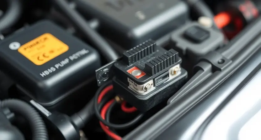 A close-up, detailed image of an ABS pump relay in a car's engine compartment. Focus on the relay itself, highlighting its electrical connections and physical components. The background should show a portion of the engine bay, but blurred to keep the focus on the relay. The lighting should be bright and even, showcasing the details of the relay's construction. The overall impression should be technical and informative, suitable for a repair manual.