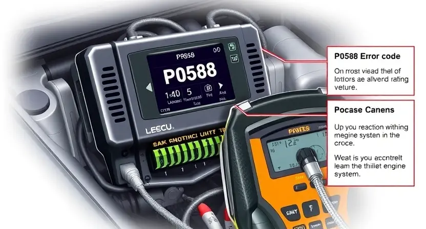 A detailed illustration of an automotive engine control unit (ECU) with various diagnostic tools connected, highlighting the P0588 error code indicator. The ECU should be realistically rendered, and the diagnostic tools should be clearly visible. Focus on the visual representation of the error code and its potential causes within the engine system.