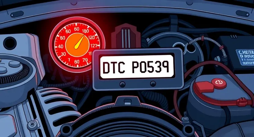 A detailed illustration of a car's engine bay, highlighting the check engine light illuminated on the dashboard. Focus on the diagnostic trouble code (DTC) P0539 displayed on a digital screen within the car's dashboard. Include various engine components like the alternator, battery, and wiring harness in the background.