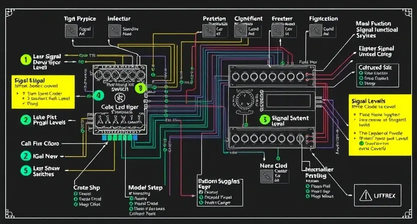 A detailed schematic diagram of a multi-functional switch with highlighted components related to signal levels. Include visual representations of signal strength indicators and potential error codes.