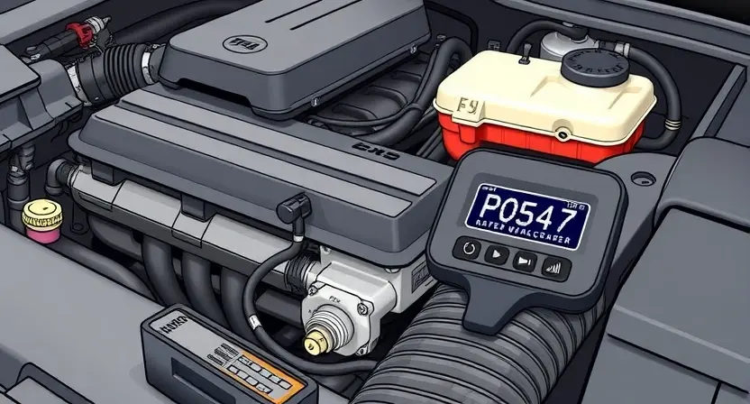 A detailed illustration of a car's engine bay with a diagnostic code reader displaying 'P0547'. Focus on the engine components, wiring, and the code reader. The image should clearly show the code and its context within the engine.