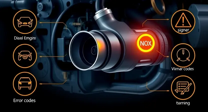 A high-quality technical illustration showing a diesel engine exhaust system with a glowing NOx sensor and warning indicator, surrounded by subtle symbols of automotive diagnostics and error codes, clean background, professional lighting, detailed mechanical components, no text or numbers visible