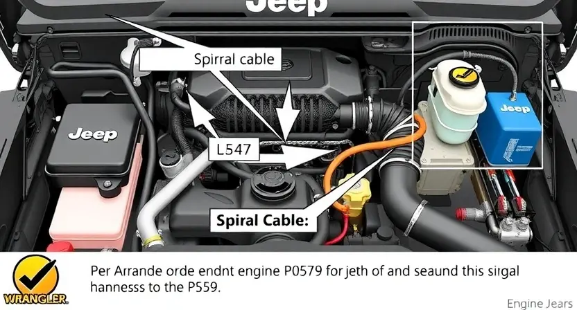 A detailed illustration of a Jeep Wrangler engine bay, focusing on the area where the P0579 error code might be related to the spiral cable. Include visual representations of the spiral cable, wiring harness, and relevant engine components. The image should be highly detailed and accurately depict the components.
