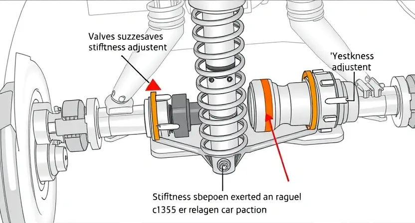 A detailed, technical illustration of an adaptive shock absorber system within a vehicle's suspension. The image should clearly show the shock absorber itself, its internal components (valves, pistons, fluid), and the linkages connecting it to the vehicle's chassis and wheel. Highlight the 'жесткость' (stiffness) adjustment mechanism. Use a clean, informative visual style emphasizing mechanical precision and functionality. Focus on the components related to the C1355 error.