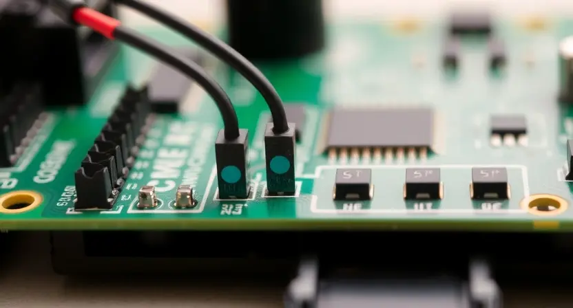 A close-up photograph of a circuit board with a sensor connected. The sensor should be clearly visible, and the wiring should be detailed. Focus on the connection point between the sensor and the board. The background should be blurred, emphasizing the circuit board.