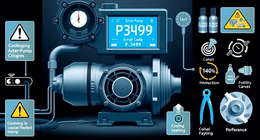 A high-quality technical illustration showing a cooling pump of an inverter, with visible error code P3499 displayed on a diagnostic screen, surrounded by schematic diagrams of coolant flow, warning signs, and maintenance tools, all rendered in a clean, professional engineering style