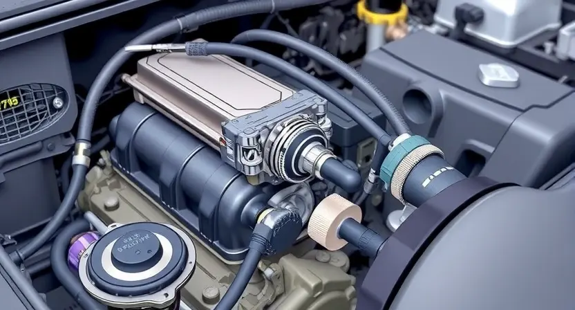 A detailed illustration of a car's engine bay, focusing on the fuel pressure sensor and related components. The sensor should be clearly visible, with wires and hoses connected. The background should be slightly blurred to emphasize the sensor.