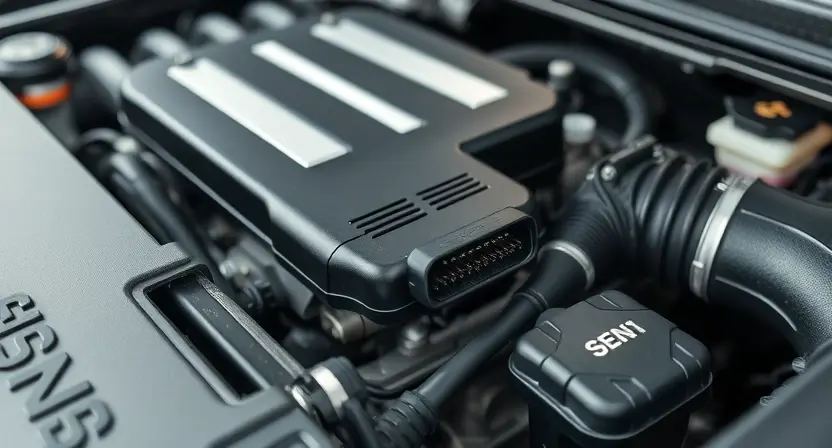 A close-up, detailed image of a car's engine bay. Focus on the engine control unit (ECU) and related sensors. The engine should appear clean and well-maintained. Subtle visual cues suggesting a potential sensor malfunction (e.g., a slightly disconnected wire, a minor discoloration) could be included, but without being overly obvious. The overall lighting should be bright and professional, highlighting the components.