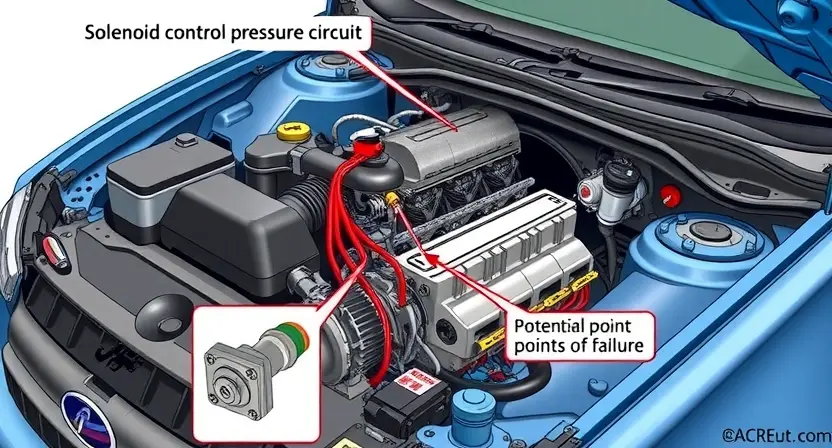 A detailed illustration of a car's engine bay, focusing on the solenoid control pressure circuit. Include visual representations of the solenoid, wiring, and potential points of failure. The image should clearly depict the components involved in the pressure control system.