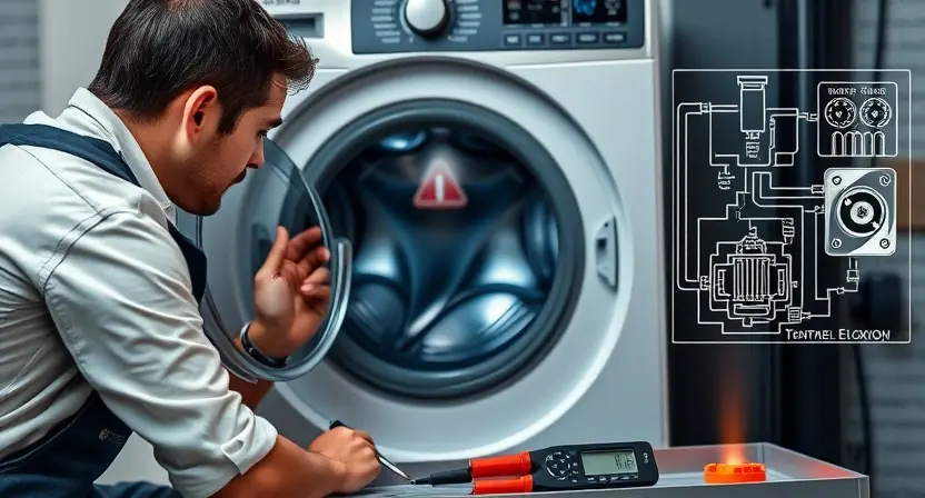 A professional technician examining a modern front‑load washing machine with its door open, a glowing warning icon on the digital panel, tools such as a multimeter and screwdriver on a nearby tray, and a subtle schematic overlay of water flow and electronic components in the background, all rendered in high detail and realistic lighting